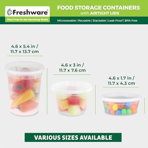 Freshware Food Storage Containers with Lids [60 Pack 8, 16, 32 oz, 20 sets each size] Plastic Deli Containers, Meal Prep Containers, Microwave and Freezer Safe, Stackable, Leakproof, BPA Free, Clear — view 2
