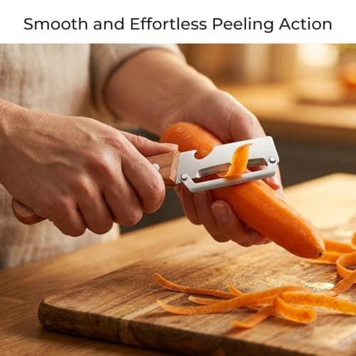 2 Pack Multifunctional Vegetable Peeler, 2-in-1 Kitchen Peeler with Bottle Opener, Sharp Stainless Steel Swivel Blade, Wooden Handle, for Potato, Carrot, Apple & Fruits — view 8