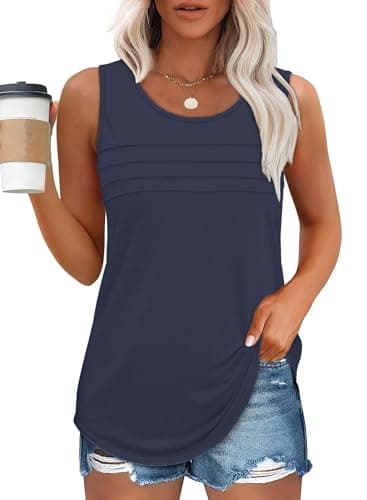 WELINCO Summer Tanks for Women Loose Fit Pleated Crew Neck Sleeveless Tops Curved Hem Flowy Navy Large