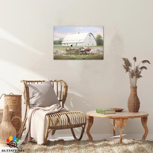 Spring Farmhouse Wall Art, Country Barn and Flowers Picture Canvas Wall Art, White Barn Pictures Wall Art, Vibrant Spring Countryside Picture Prints for Farmhouse Living Room Wall Decor 12x18 Inches — view 2