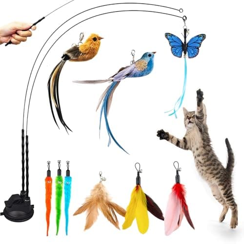 Cat Feather Toys, 12 PCS Cat Toys with 2 Slots Super Suction Cup, Detachable 2PCS Cat Wand Toys and 9 PCS Feather Replacements with Bell, Interactive Cat Toy Kitten Toys for Indoor Play Chase Exercise