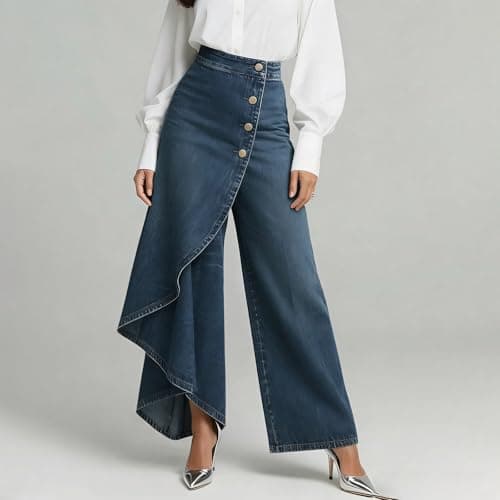Wide Leg Jeans Woman High Waisted Asymmetrical Baggy Trendy Business Casual Denim Pant Button Ruffle Spring Outfits S-3XL Blue — view 2
