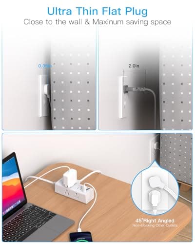 1Ft Extension Cord with Multiple Outlets, Flat Plug Power Strip Surge Protector with 1 Ft Cord, 6 Outlet 4 USB Ports (2 USB C), Multi Outlet Wall Plug for Travel, College, Dorm Room Essentials(White) — view 5