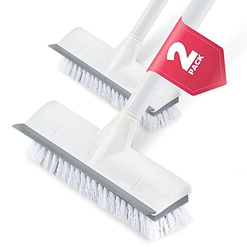 BOOMJOY 2 Pack Floor Scrub Brush with Long Handle, 2 in 1 Scrape and Brush, for Cleaning Deck, Tile, Grout, Kitchen, Patio, Garages