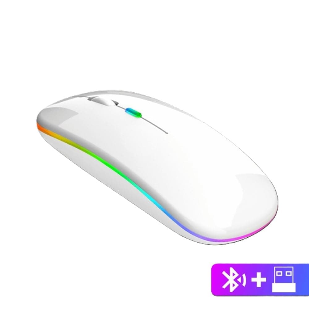 Ratón inalámbrico recargable RGB ultrafino 1600 DPI con doble modo Bluetooth 5.0 + 2.4 GHz, clic silencioso, 3 niveles de DPI (800/1200/1600), diseño ambidiestro, luz LED, tamaño compacto (Blanco). — view 2