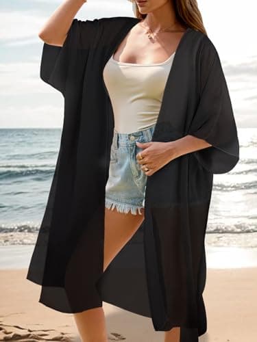 MayBuy Women's Summer Long Flowy Kimono Cardigans Boho Chiffon Beach Cover Up Tops, 002 Black, Large — view 3