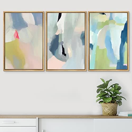 SIGNWIN Framed Canvas Print Wall Art Set Vibrant Pastel Paint Stroke Collage Shapes Abstract Illustrations Modern Art Decorative Nordic Calm/Zen for Living Room, Bedroom, Office - 24"x36"x3 Natural — view 2