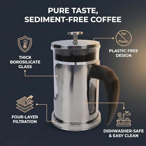 Qcwwy French Press Coffee Maker, Stainless Steel Plastic Free Coffee Press, 800ml Borosilicate Glass with 4 Layer Filter for Tea, Home Kitchen Office Camping Travel (Woven 800ml) — view 3