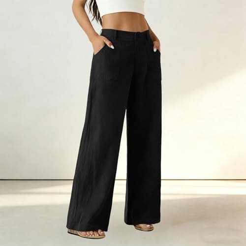 Wide Leg Pants Women High Waisted Palazzo Trousers Summer Casual Cotton Pants with Pockets Flowy Beach Outfits Black — view 4