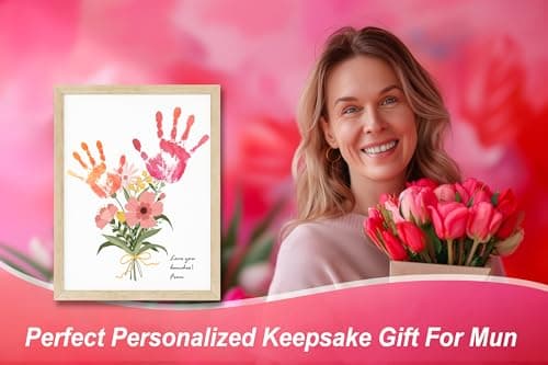 TwoDays Flower Bouquet Handprint Art Craft DIY Kit, Unique Gifts for Mom From Daughter or Son for Mother's Day Birthday Christmas, Gift for Grandma.(12" X 16", With Wood Frame) — view 6