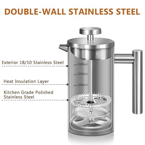 Small French Press Coffee Maker 1 Cup - 12oz/350ml Single Cup Metal French Press(1 Cup), Stainless Steel Double Wall Insulated Coffee & Tea Maker w/ 3 Extra Screens + 1 Spoon (Silver), Dishwasher Safe — view 3