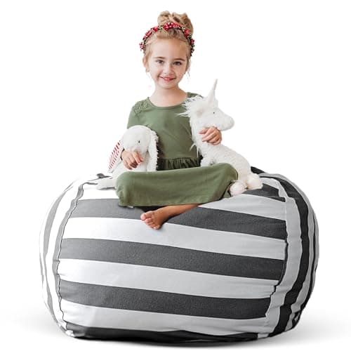 Creative QT Stuff ’n Sit Extra Large 38’’ Bean Bag Storage Cover for Stuffed Animals & Toys, Giant Beanbag Chair for Kids Ages 3-14, Bedroom Organizer, Grey/White Striped