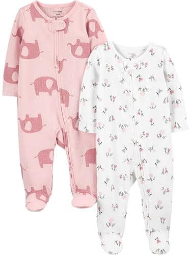 Simple Joys by Carter's Girls' Baby 2-Pack 2-Way Zip Thermal Footed Sleep and Play, Ivory, Floral/Elephants, Newborn
