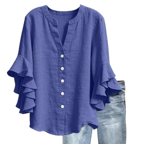 3/4 Ruffle Sleeve Cotton Linen Shirts for Women Dressy V Neck Beach Tunic Tops Elegant Summer Casual Work Blouses Sky Blue