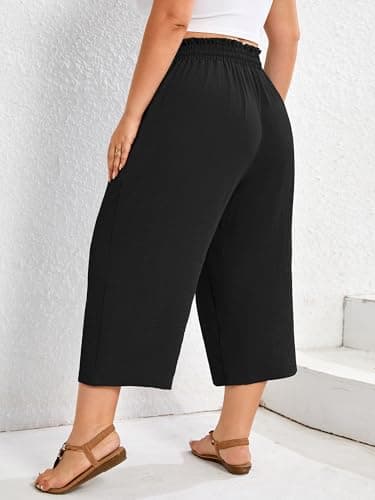 AusLook Plus Size Capri Wide Leg Black 2X Pants for Women with Pockets High Waisted Elastic Drawstring Summer Casual Flowy Straight Lounge Beach Cropped Trousers — view 4