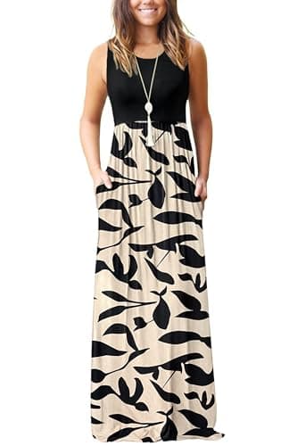 WNEEDU Womens Maxi Dress 2026 Summer Sleeveless Dress Casual Long Swing Dresses with Pockets (Apricot Black Leaves,S)