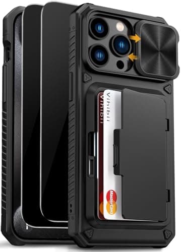 Vihibii for iPhone 15 Pro Max Case with Card Holder (4 Cards), Built-in 2X Privacy Screen Protector & Slide Camera Cover & Kickstand, Military Grade Drop Protection, Rugged Wallet Case, Black