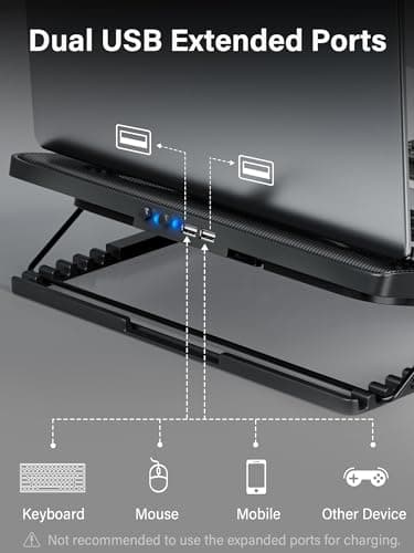 Kootek Laptop Cooling Pad, Laptop Cooler with 5 Quiet Fans for 12"-17" Computer PC Notebook Gaming Laptop Fan, Height Adjustable Laptop Cooling Stand Laptop Accessories, Blue — view 5
