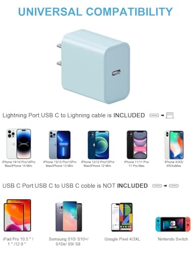 Extra Long 10FT iPhone 14 13 12 Charger Fast Charging 20W PD USB C Wall Charger with Fast Charging Cable Compatible iPhone 14/13/12/11/Pro/Pro Max/Mini/Xs Max/XR/X, iPad - Blue — view 3