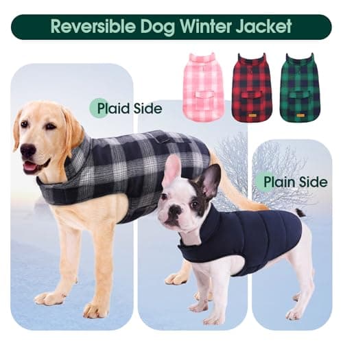 Kuoser Warm Dog Coat, Reversible Dog Jacket Waterproof Pet Winter Coat British Style Plaid Doggie Clothes Pet Dog Cold Weather Coats Cozy Snow Jacket Vest for Small Medium Large Dogs — view 3