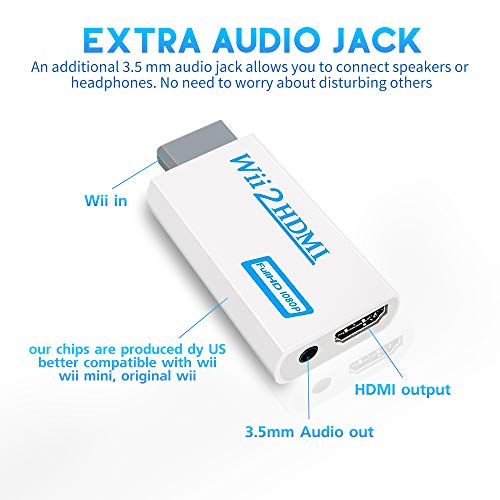 Xahpower Wii to HDMI Converter, Wii HDMI Adapter 1080P for Full HD Device with 3,5mm Audio Jack&HDMI Output Compatible with Nintendo Wii, Wii U, HDTV, Monitor-Supports All Wii Display Modes 720P — view 2