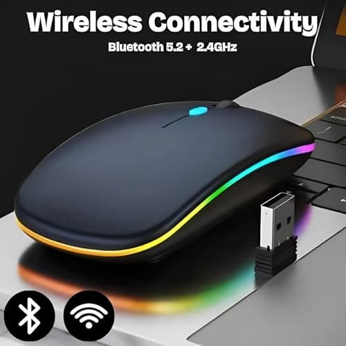 Nexurion Wireless Mouse for Laptop & PC – Magic, Bluetooth, Rechargeable USB-C, Slim Design with RGB Backlight, Dual Mode 2.4GHz for MacBook, iPad (Jet Black)