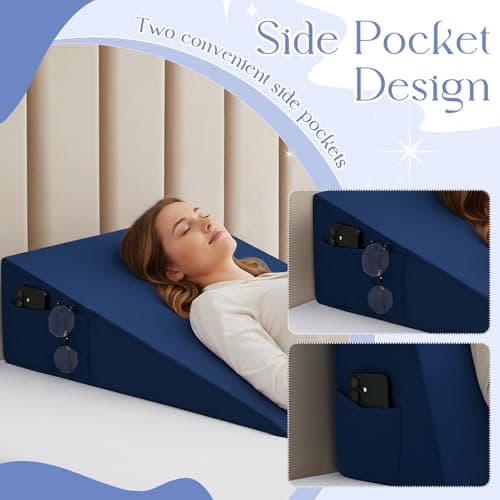 INVGEEXI Navy Blue Bed Wedge Pillow Cover with Side Pocket, Soft & Breathable Microfiber Wedge Pillow Case Cover with Zipper, 24" L x 24" W x 12" H (Pillow Not Include) — view 3