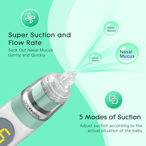 Electric Nasal Aspirator for Baby, Nose Aspirator for Toddlers, Waterproof Baby Nose Sucker, Nose Cleaner with 3 Silicone Tips, Adjustable Suction Level, Music and Light Soothing Function,Green — view 4