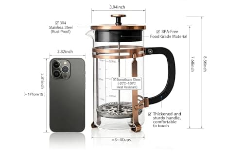 PSAVGLA 34oz French Press Coffee Maker, Thickened Borosilicate Glass & 304 Stainless Steel Double Mesh Filter. Cold Brew & Tea Brewer for Travel Camping, Kitchen Decor, Bar Accessories Gift (Copper) — view 2