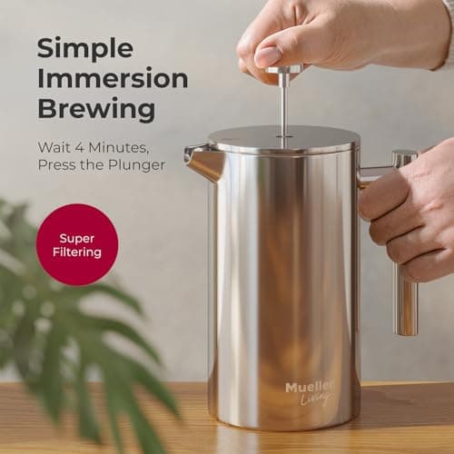 MuellerLiving French Press Coffee Maker 34oz, Stainless Steel French Press Coffee, 4 Filter Heat Resistant Double Insulated, Rust-Free, Food Grade, Dishwasher Safe Coffee Pot — view 3