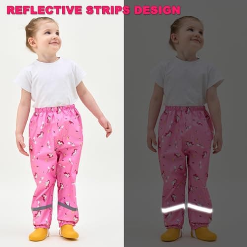 Fewlby Toddler Rain Pants Kids' Waterproof Rain Pants Lightweight Reflective Rain Wear for Boys Girls Pink — view 4
