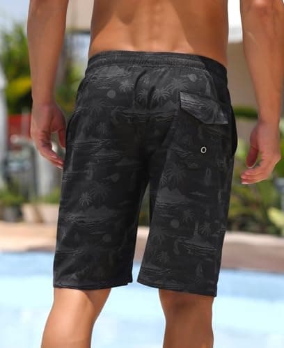 ELETOP Men's 9 Inch Quick Dry Swim Trunks 4 Way Stretch Swim Shorts Beach Men's Bathing Suit Swimwear with Mesh Lining Charcoal Palm Print XL