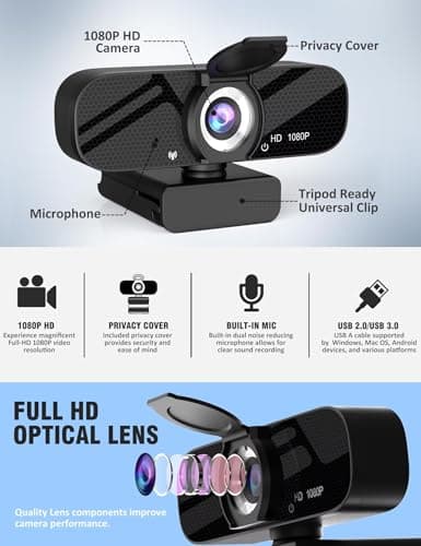 Tewiky Full HD Webcam with Built-in Microphone and Rotatable Tripod, 1080P Video and Wide Angle Camera, Privacy Cover, for Desktop PC or Laptop Computer — view 3