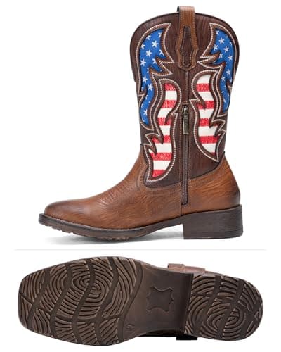 Jousen Cowboy Boots for Men Western Boot Side Zipper American Flag Retro Square Toe Mid-Calf Mens Boots(AMY8428 brown 09.5) — view 3