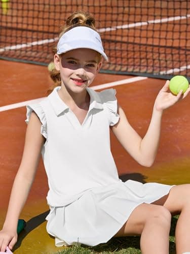 Haloumoning Girls Ruffle Short Sleeve Polo Shirt Kids V-Neck Golf Tennis Shirts Tops School Uniform Tees 5-14 Years White