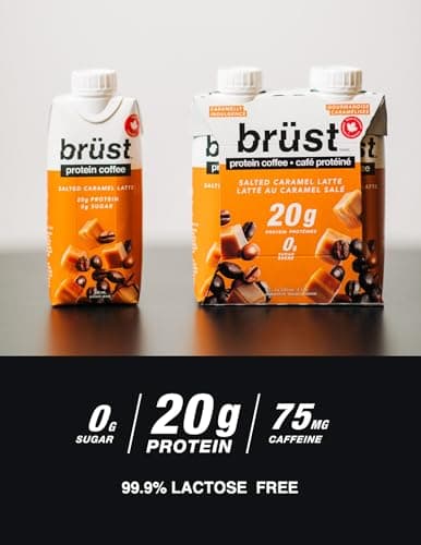 BRÜST PROTEIN COFFEE SALTED CARAMEL LATTE - Caramelly indulgence slightly sweet (20g Protein, 75mg Caffeine, 100 Calories) Caramel, Smooth, Slightly Sweetened Cold Brew Coffee, 330mL, 12 Pack, Brust Iced Coffee - AS SEEN ON DRAGON'S DEN — view 2
