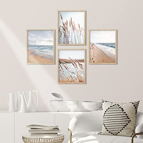 SIGNWIN Framed White Beach Grass Cloudy Ocean Sea Wave Horizon Wall Art, Set of 4 Landscape Colorful Wall Decor Prints, Nature Wilderness Wall Décor for Living Room, Bedroom - 8"x10" Natural
