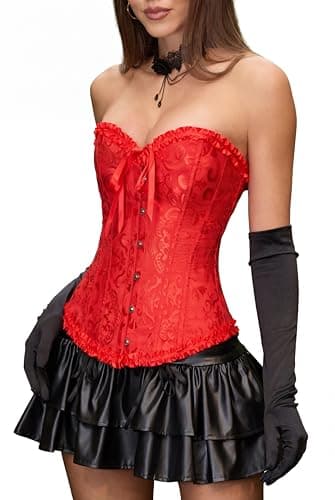 Corset Tops for Women, Bustier Shapewear Lingerie, Fashion Lace Waist Push Up Bodysuit Vest, Strapless Vintage Victorian Overbust Bodice for Night Out (Red,M)