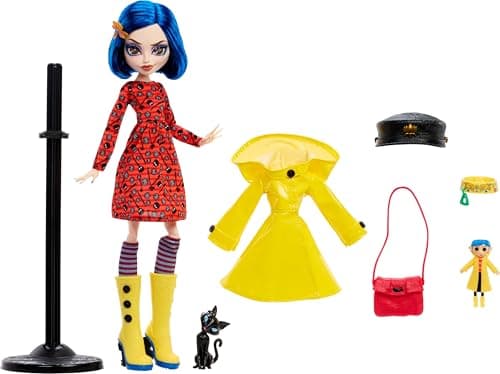 Monster High Skullector Doll, Coraline Collectible in Yellow Raincoat with Dress and Accessories Like Rag Doll, Cat Figure, and Doll Stand — view 5