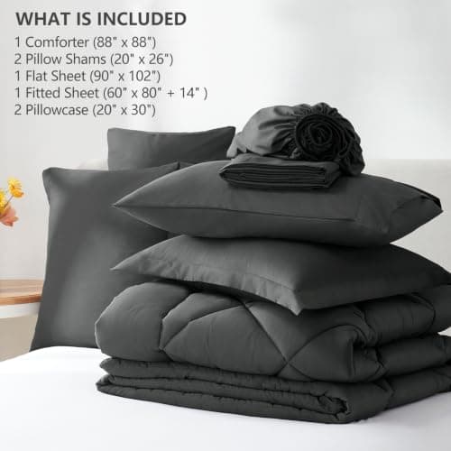 CozyLux Queen Comforter Set Dark Grey - Bed in a Bag Queen Size 7 Pieces, Luxury Soft Bed Set for All Seasons, Bedding Set with Comforter, Sheets, Pillowcases & Shams, Dark Gray, Queen — view 5