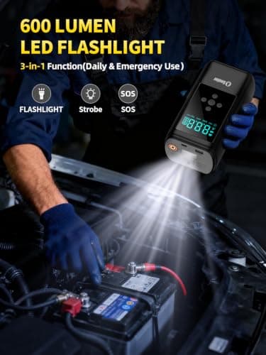 6000A Booster Pack Jump Starter with Air Compressor, Car Booster Battery Pack,10-in-1 Battery Power Pack 12V Jump Box with 160PSI Tire Inflator LED Light and Jumper Cables (10L Diesel All Cars) — view 4
