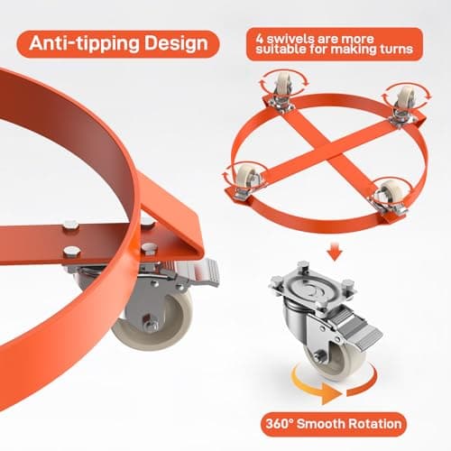 GarveeTech 55 Gallon Drum Dolly, 1000 lb Capacity Heavy Duty Barrel Cart with 4 Swivel Casters (2 Locking), Steel Frame Drum Hand Truck, 1 Pack, Orange