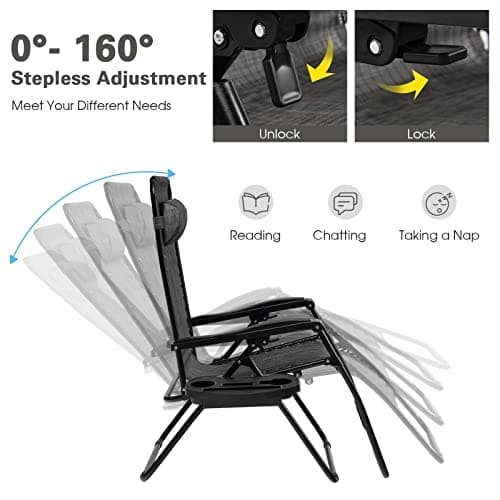 Goplus Zero Gravity Lounge Chairs, 160°Adjustable Folding Recliner w/Pillow and Cup Holder, 350LBS Comfy Outdoor Lounge Chairs for Patio, Lawn, Yard & Camp(1, Gray) — view 3