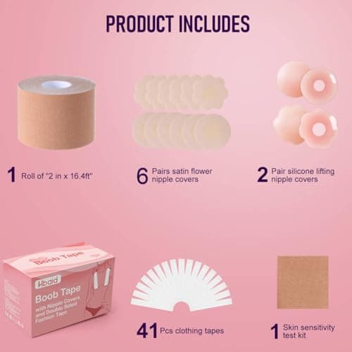 Ultimate Breast Tape Kit for Women, 1 Roll Boob Tape, 8 Pairs Nipple Covers, 41pcs Fashion Tape Strips and Test Pad, Hypoallergenic, Waterproof & Reusable for Dresses, Weddings, Sports — view 4