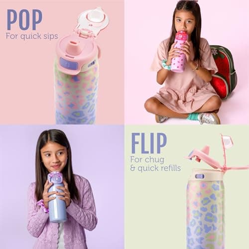 Ello Pop & Fill 18oz Stainless Steel Kids Water Bottle with Quick Fill Lid | Vacuum Insulated BPA Free Bottle with Leak Proof Straw and Chug Lid, Dishwasher Safe, Gift For Kids Teens, Cheetah — view 4