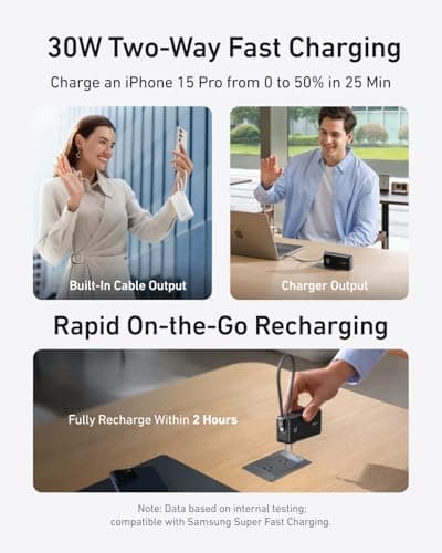 Anker Nano 3-in-1 Portable iPhone Charger, 10,000mAh Power Bank with Built-in USB-C Cable and Foldable Wall Plug, 30W Max Battery Pack, Travel Essentials for iPhone 17/16/15 Series, Galaxy, MacBook — view 2