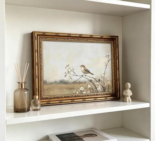 Vintage Gold Framed Bird Wall Art Spring Songbird on Floral Branch Painting Canvas Rustic Nature Woodland Picture Wall Decor Muted Farmhouse Print Artwork For Living Room Bedroom Entryway — view 6