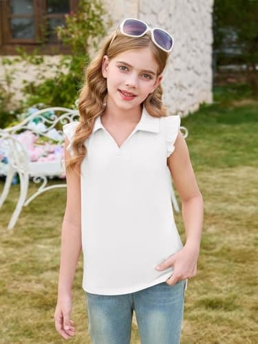 Haloumoning Girls Ruffle Short Sleeve Polo Shirt Kids V-Neck Golf Tennis Shirts Tops School Uniform Tees 5-14 Years White — view 3