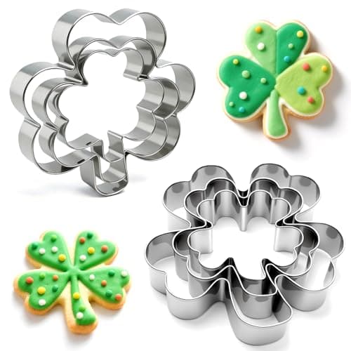 6Pcs St. Patrick's Day Metal Cookie Cutter Set - Shamrocks & Four Leaf Clovers Shapes Large 4’’ Small 3’’ Mini 2‘’, Stainless Steel Clover Biscuit Mold for Irish Spring Holiday Party Decor or Baking