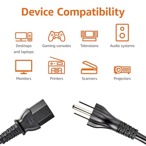 Amazon Basics PC Power Cord, 3 Feet, 3 Prong AC Power Cord for Monitor, Computer, TV, 18 AWG, 125 Volts, Black — view 3